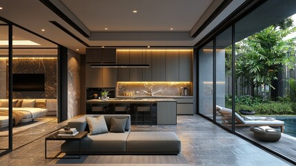 Naklejka premium Luxury Modern Villa with Open-Plan Living and Tropical Garden View