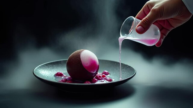 A delightful smoky berry dessert creation served in a chocolate shell. Smoke animation