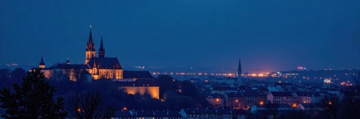 Fototapeta premium City buildings and church spires silhouetted against night sky, spires, night view, churches
