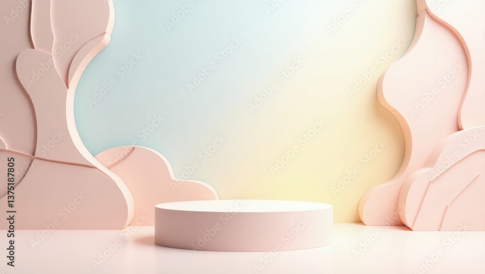 Poster empty podium on stage and table with clean dishware in a light setting
