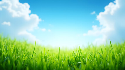 Lush green meadow beneath a serene blue sky with fluffy clouds panorama