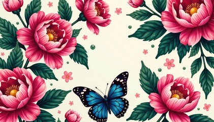 Bold peony & butterfly seamless design, vibrant colors, design element, flower