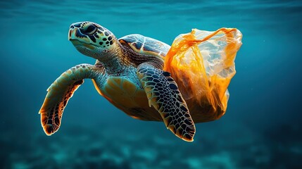 Obraz premium sea turtle swimming underwater entangled in plastic bag, highlighting environmental pollution
