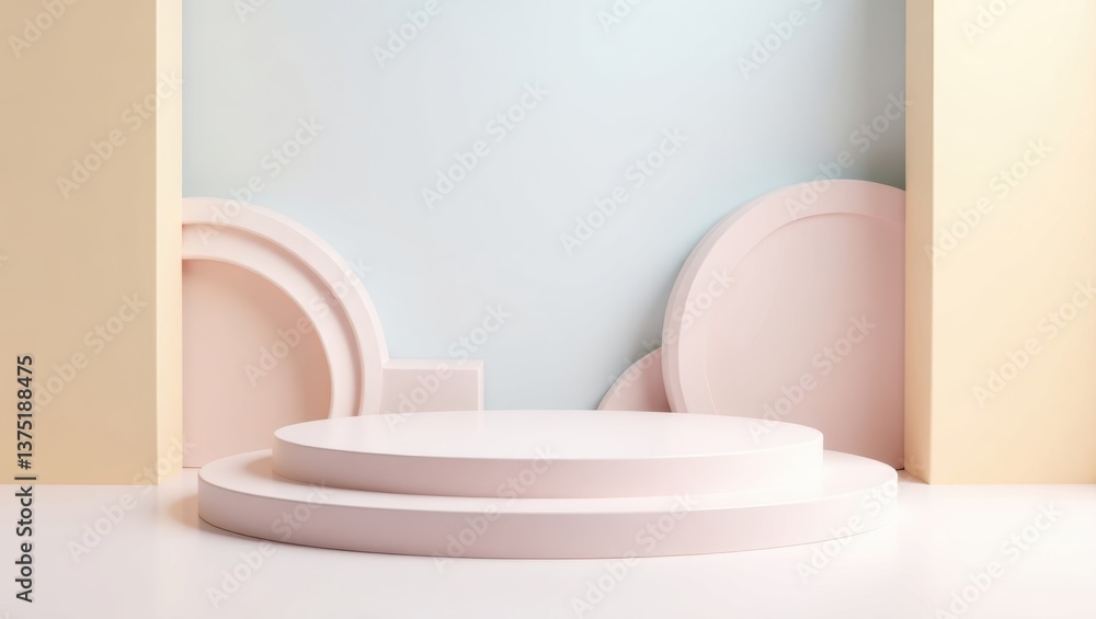 Poster empty podium on stage and table with clean dishware in a light setting