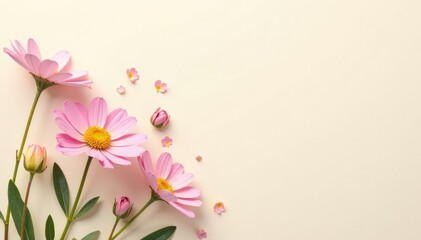 Fototapeta premium Delicate pastel wildflowers on a soft cream background , romantic, nature, bloom