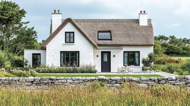 Fototapeta charming white cottage with thatched roof, surrounded by stone wall and lush greenery, evokes serene countryside vibe