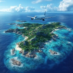 Naklejka premium Aerial view of a stunning tropical island paradise with crystal clear turquoise waters lush green vegetation and an airplane flying over the idyllic seascape scenery