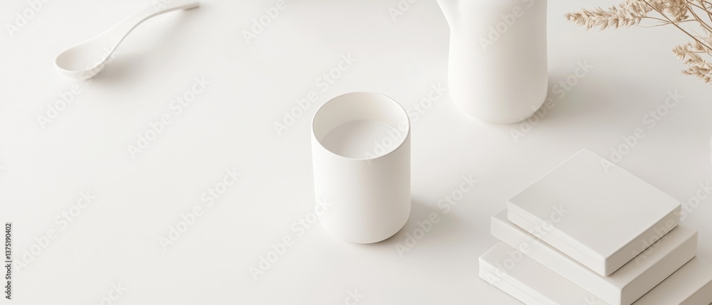 Poster flat lay of white objects on a white background. on the left side of the image, there is a white spo