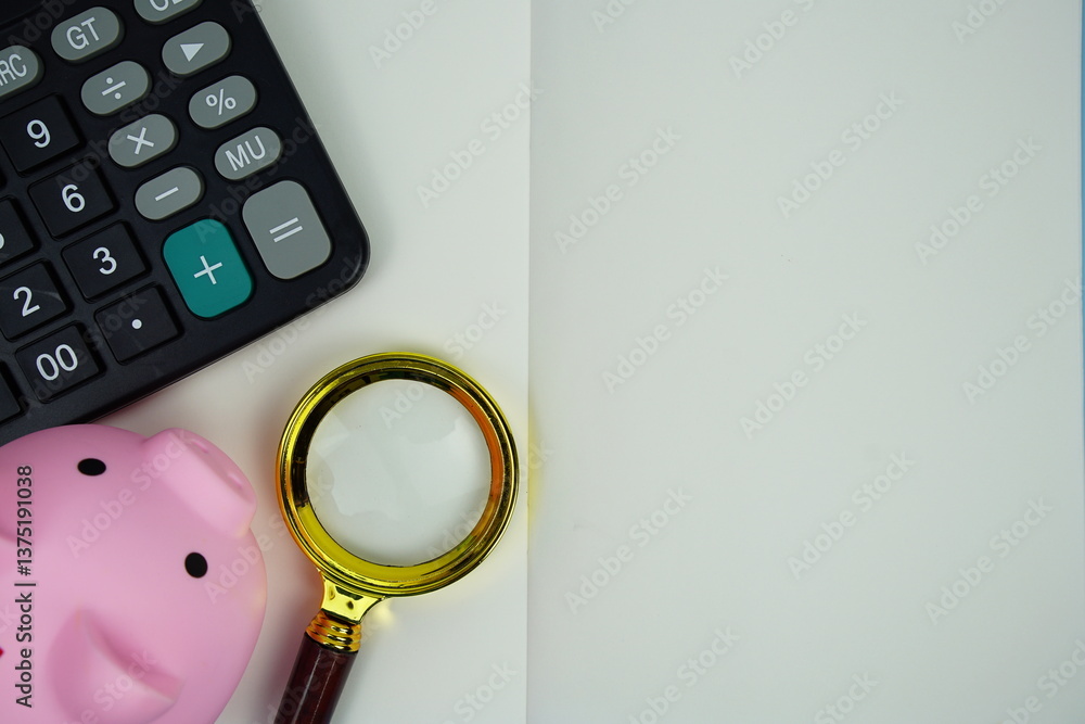 Poster saving text message written on note page with calculator, piggy bank and magnifying glass