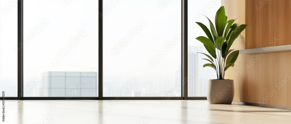 Poster empty room with a large window that offers a view of the city. the floor is made of light-colored ti