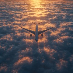 Naklejka premium aerial view of a commercial aircraft soaring through the sky at sunset silhouetted against a breathtaking backdrop of fluffy white clouds and a vibrant fiery horizon