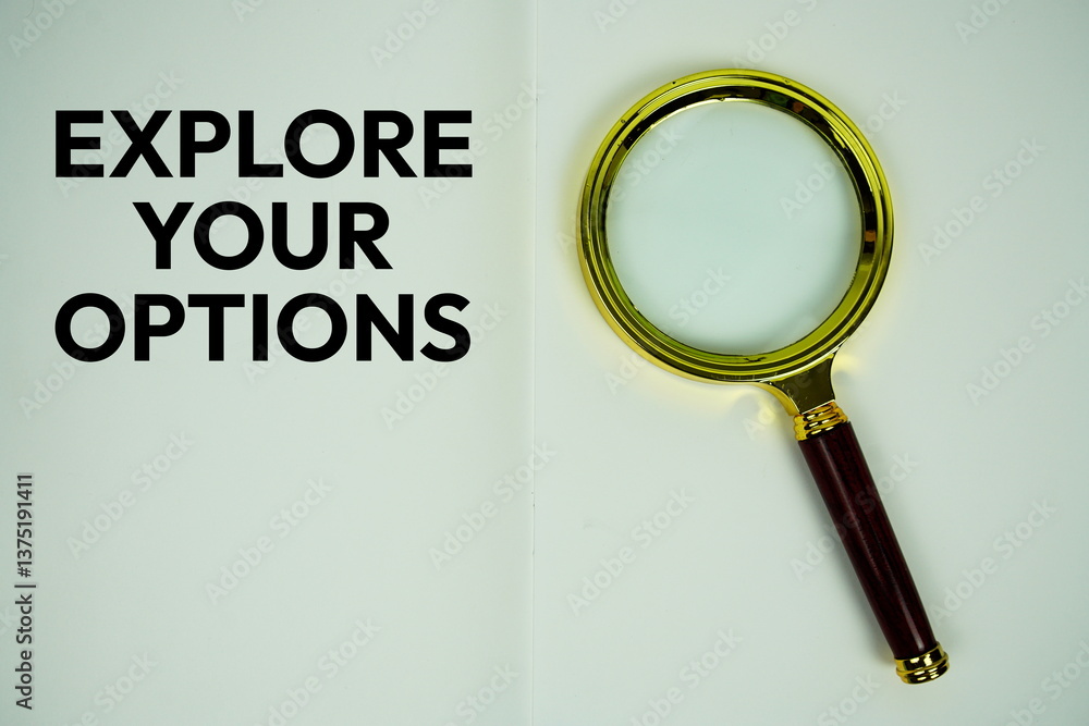 Poster explore your options text with magnifying glass flat lay on notepad background