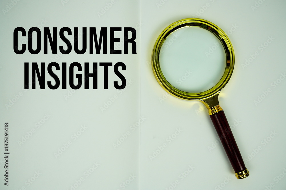 Aufkleber consumer insights text with magnifying glass flat lay on notepad background