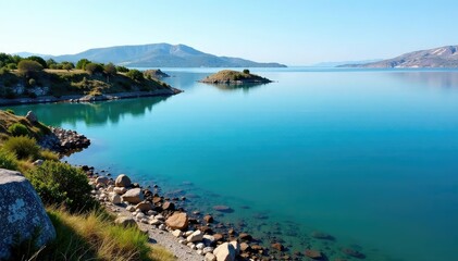 Obraz premium Irregularly shaped lake with rocky shoreline and scattered islands, hydrology, aerial photography, geology