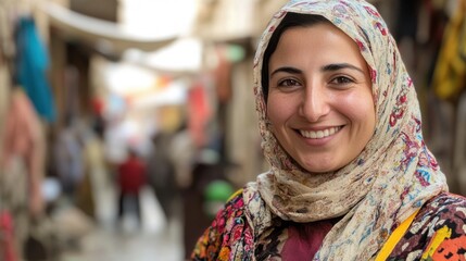 Smiling Woman in Traditional Dress at Ancient Souk
