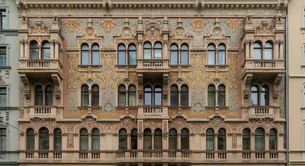 Fototapeta premium An ornate Art Nouveau building's richly detailed facade, showcasing a mesmerizing mosaic and intricate stonework, bathed in soft, natural light.