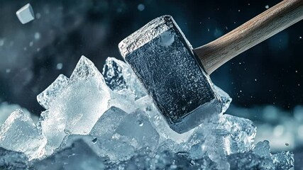 Sledgehammer Breaking Ice Blocks in Slow Motion, Cold and Powerful Concept Footage - Powered by Adobe