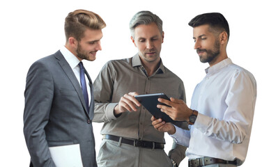 Three diverse business partners standing and discussing project working together on a transparent...