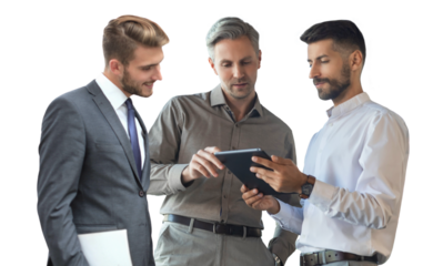 Three diverse business partners standing and discussing project working together on a transparent background