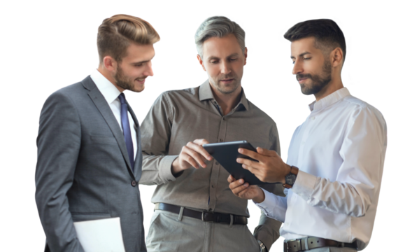 Three diverse business partners standing and discussing project working together on a transparent background - Powered by Adobe