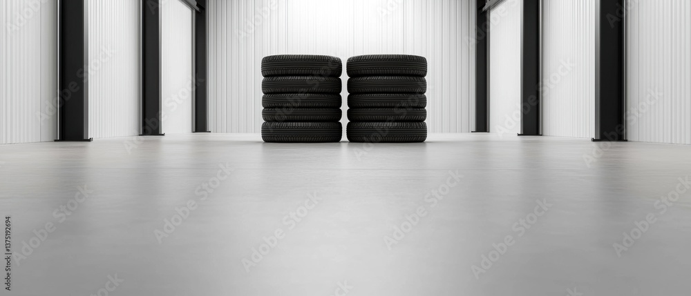 Poster stack of black tires in an empty room with white walls and floor. the tires are arranged in a way th