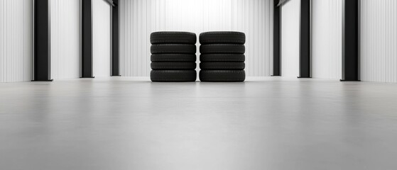 Stack of black tires in an empty room with white walls and floor. the tires are arranged in a way that they are stacked on top of each other, creating a pyramid-like shape.