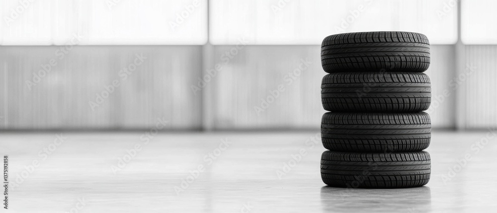 Poster stack of four black tires stacked on top of each other in an empty room with large windows in the ba