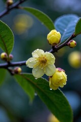 arafed yellow flower with water droplets on it on a branch