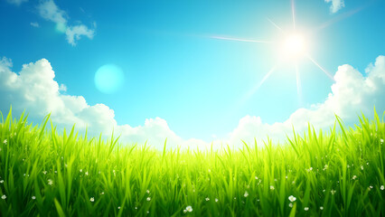 Obraz premium Vibrant summer meadow under a sunny blue sky with fluffy clouds