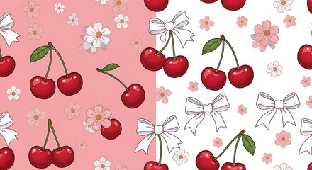 Sweet Cherry Blossom Seamless Patterns Pink White AI Generated