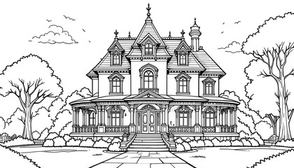 Fototapeta premium Grand Victorian Mansion: A Black and White Coloring Page Delight