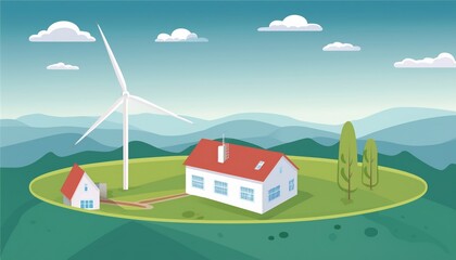 Naklejka premium Energy, minimalistic landscape with a house and a wind turbine