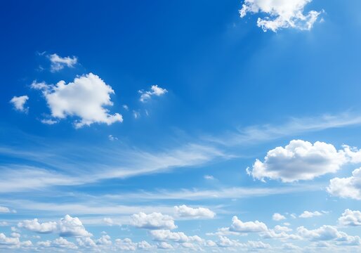 A breathtaking expanse of vibrant blue sky, dotted with fluffy white cumulus clouds and wispy cirrus formations, bathed in sunlight.