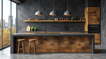 Luxurious modern kitchen with wooden cabinets and industrial style pendant lights in a cozy loft apartment with large overlooking the city skyline  The open minimalist design features a sleek island