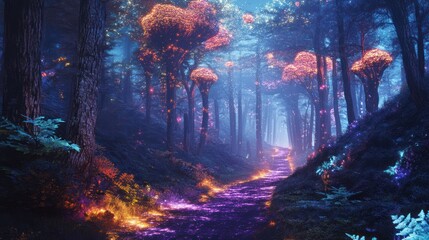 Fototapeta premium A magical forest path with luminous trees and vibrant colors is shown