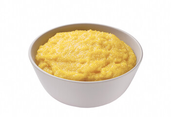 Cooked cornmeal polenta with butter in white ceramic bowl isolated on white.