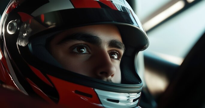 Gros plan sur le visage d'un pilote de course, assis dans sa voiture, casque de couleur rouge et blanc sur la t&ecirc;te, regard fixe.