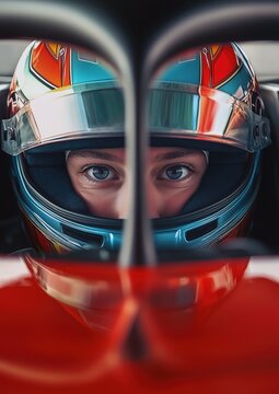 Le visage d'un pilote de course automobile en gros plan portant un casque color&eacute;, assis dans une voiture rouge avec halo, le regard fixe, instant de concentration intense.