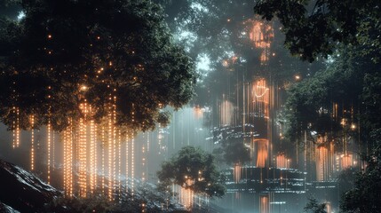 Obraz premium A mystical forest scene with illuminated trees and atmosphere