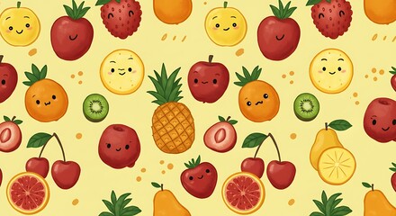 Cute Fruit Cartoon Pattern Warm Yellow Tones AI Generated