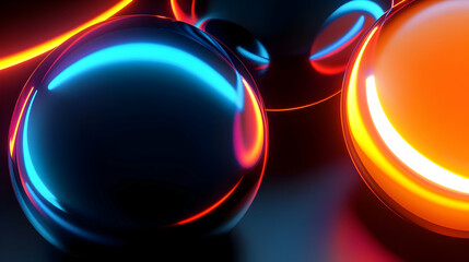 Neon spheres dance in a vibrant, energetic glow, a mesmerizing interplay of light and shadow, creating a futuristic, dynamic atmosphere.