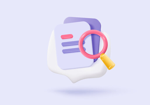 3d media file management icon. Searching image and video in organization database. paperwork sharing soft, document flow app, compound docs find concepts. 3d magnifying icon vector render illustration
