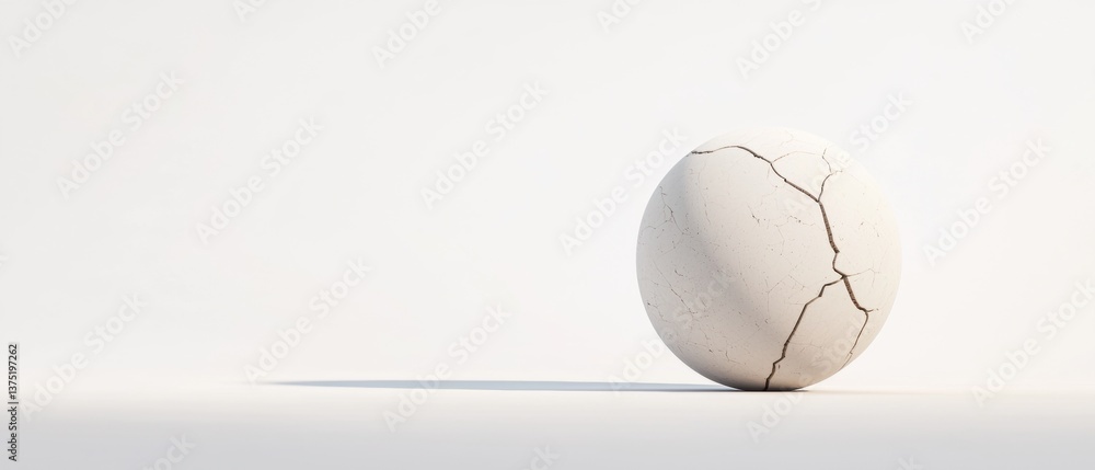 Poster 3d rendering of an eggshell on a plain white background. the eggshell is round and has a cracked tex
