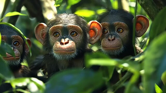 Three young monkeys peering through lush green foliage in a jungle
