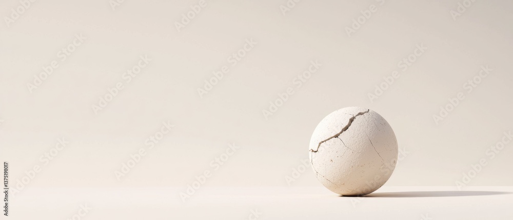 Poster photograph of a single white egg on a plain white background. the egg is in the center of the image 