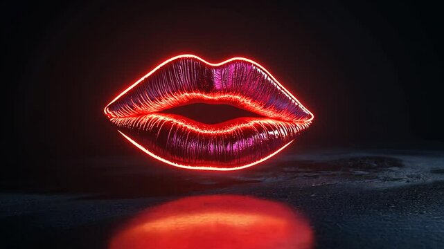 Illuminated Lips: Vibrant Neon Red Lip Design Against a Dark Background, Rendered in 3D