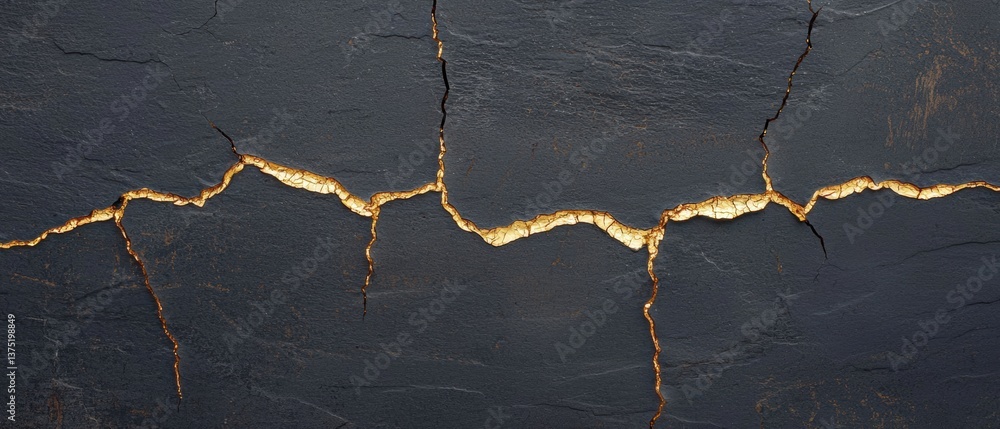 Poster close-up of a crack on a black surface. the crack appears to be deep and wide, with a jagged and une
