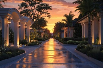 Obraz premium Tranquil Sunset Serenity on Aglow Lane with Elegant Suburban Designs