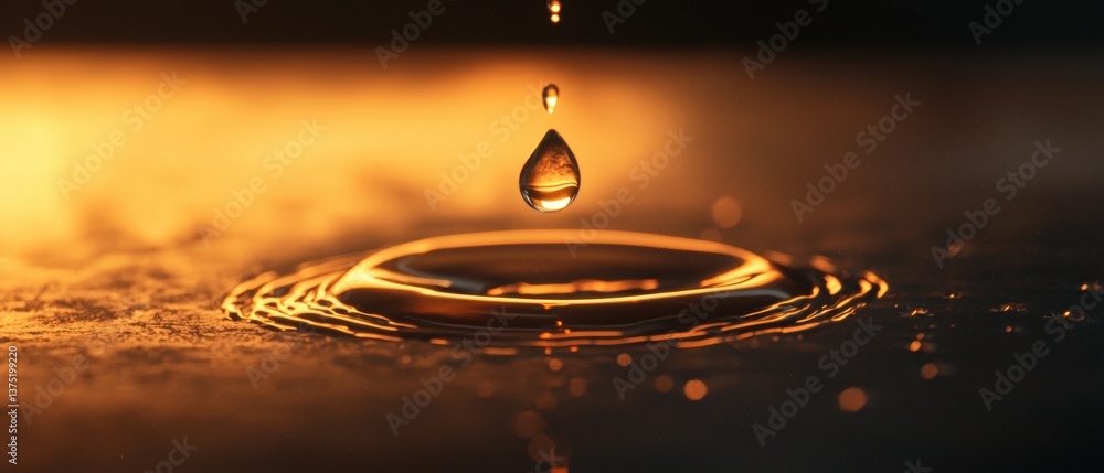 Poster close-up of a single drop of water falling into a pool of water. the drop is in the center of the im