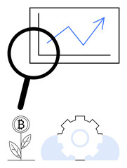 Magnifying glass focuses on an upward growth graph below, a Bitcoin plant symbolizes financial growth and gears represent productivity. Ideal for tech, finance, growth, analysis, innovation, crypto